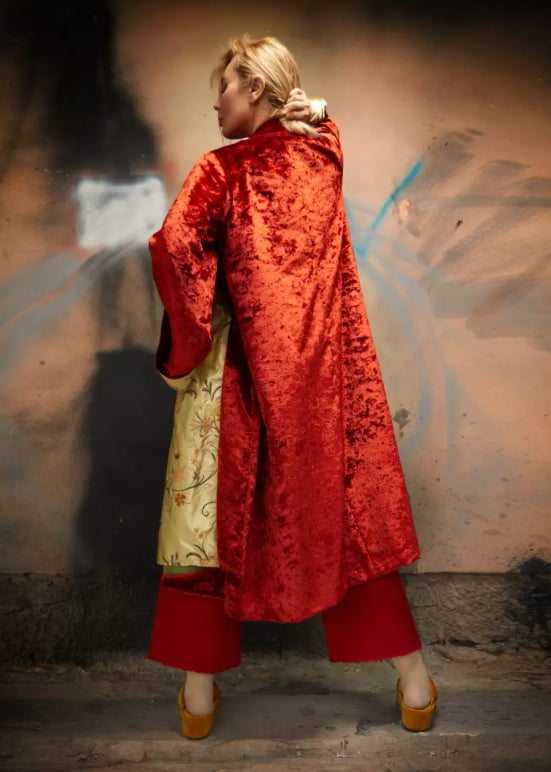 Roula Harb — Red & Gold Velvet Coat, back