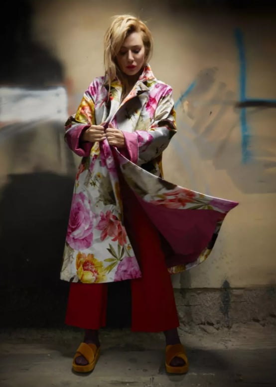 Roula Harb — Pink Watercolor Coat, hands in pockets