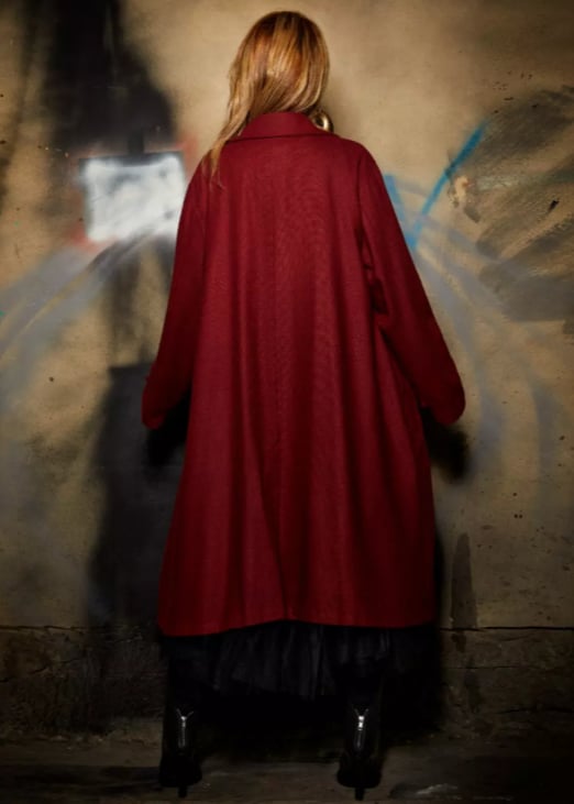 Roula Harb — Red Wool Coat with Floral Lining, back