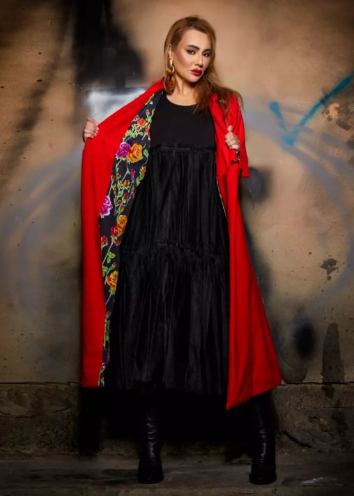 Roula Harb — Red Wool Coat, open showing floral lining