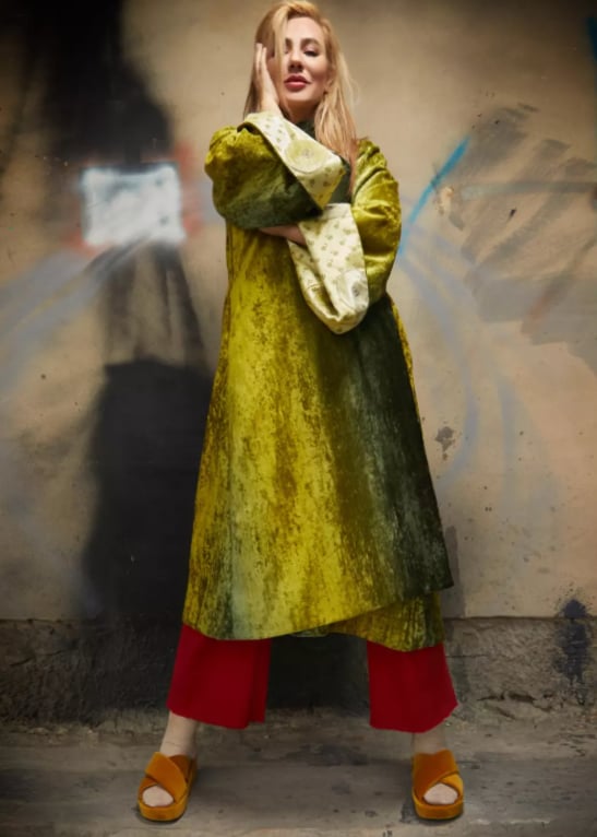 Roula Harb — Olive Velvet Coat, front