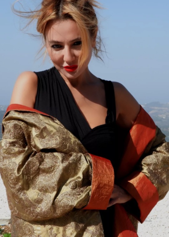 Roula Harb — Gold Brocade Robe, close view of the orange trim