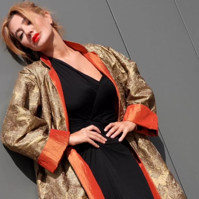 Roula Harb — Gold Brocade Robe, full front on grey wall
