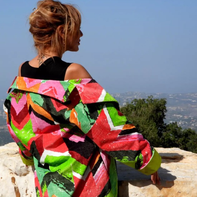 Roula Harb — Geometric Painted Coat, back view mountain overlook