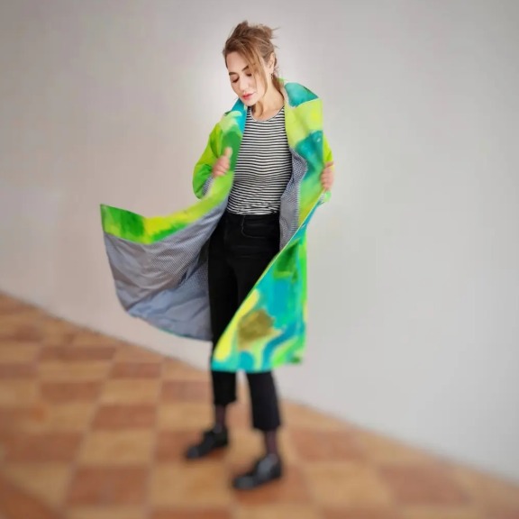 Roula Harb — Green and blue painted coat with grey lining, studio