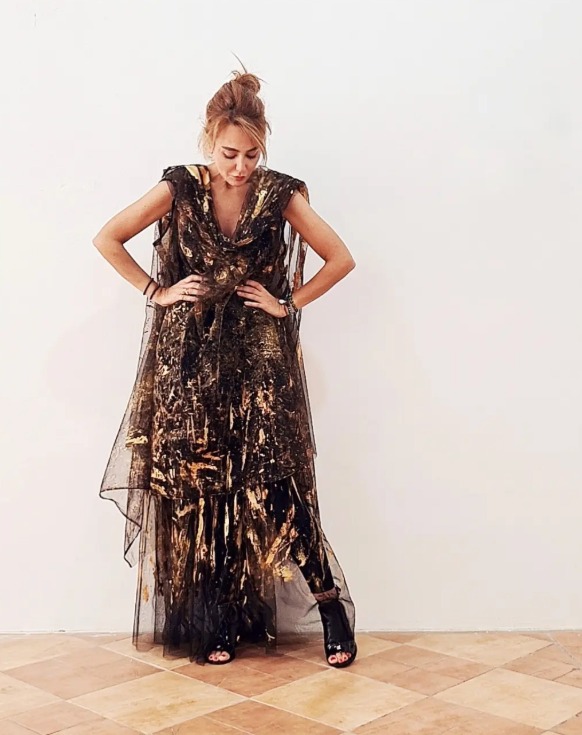 Roula Harb — Black & Gold Sheer Dress, looking down